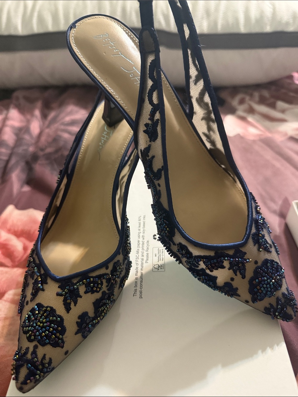 Betsey Johnson Navy and Nude Beaded Slingback Pointed Pumps - Picture 2 of 5